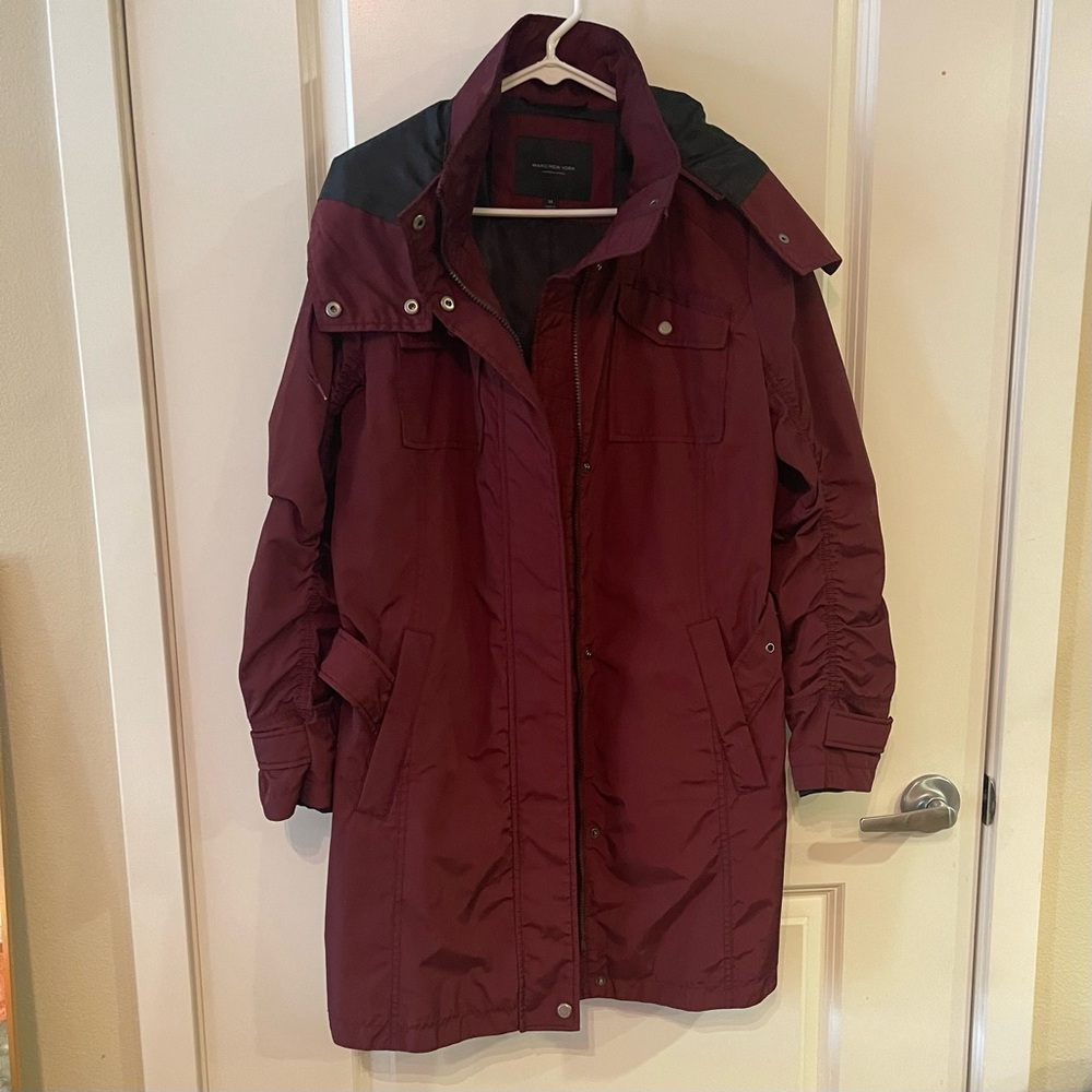 Marc New York Andrew Marc Burgundy Iridescent Belted Hooded Coat Jacket